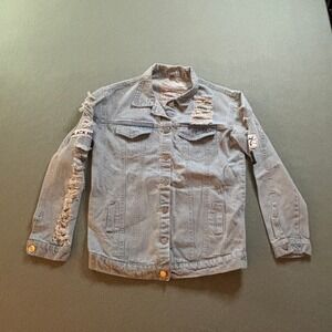 Distressed Graphic Denim Jacket Womens M Light Wash Punk Rock Streetwear Pixies
